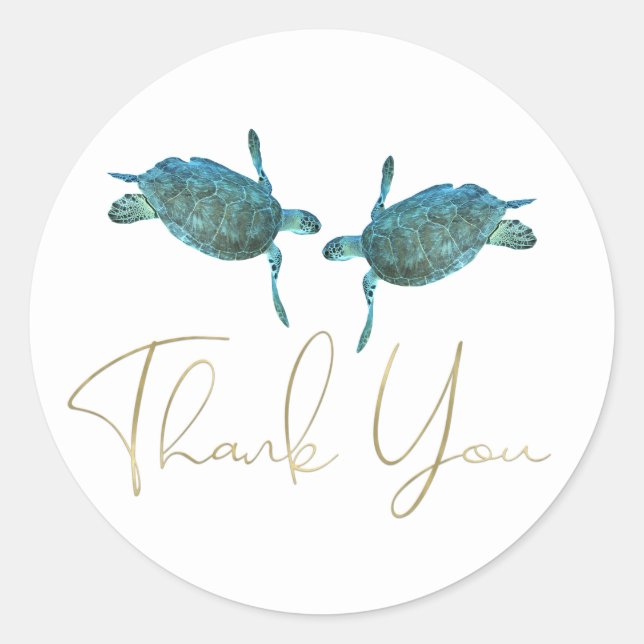 Teal Blue Sea Turtles Elegant Gold Beach Wedding Classic Round Sticker (Front)