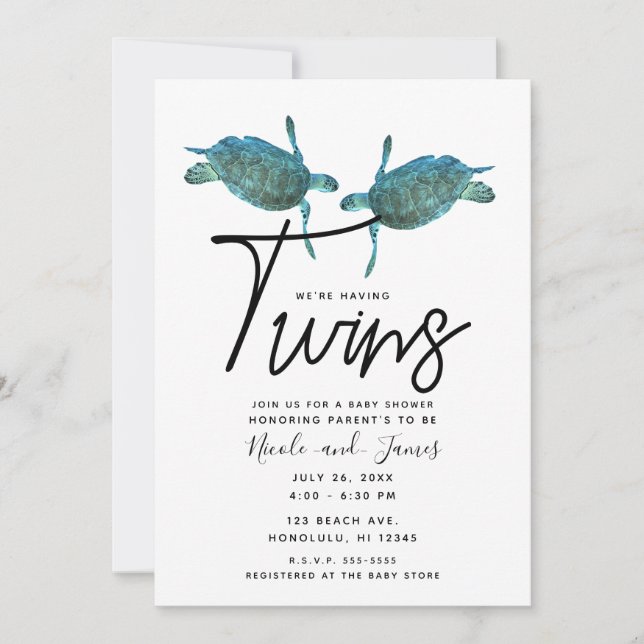 Teal Blue Sea Turtles Ocean Baby Shower Twins  Invitation (Front)