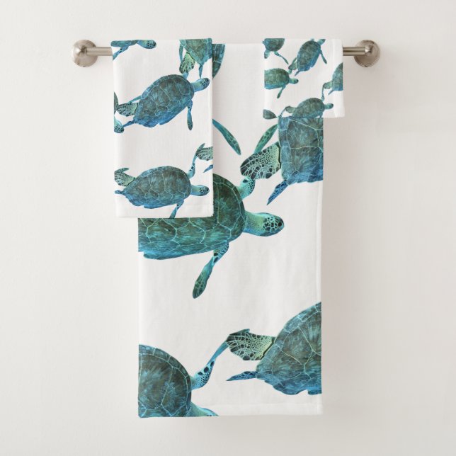 Teal Blue Sea Turtles Ocean Elegant Beach Bath Towel Set (Insitu)