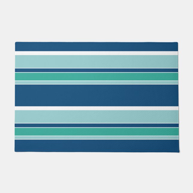 Teal Blue Seafoam Green White Stripes Pattern Doormat (Front)