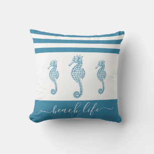Teal blue seahorses beach life script modern chic throw pillow