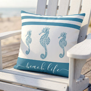 Teal blue seahorses beach life script modern chic throw pillow