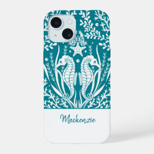 Teal Blue Seahorses Personalized iPhone 15 Case
