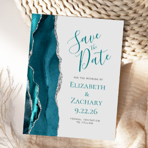 Teal Blue Silver Agate Grey Save the Date Announcement Postcard