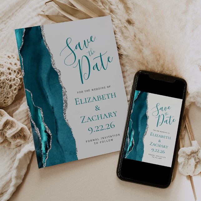 Teal Blue Silver Agate Grey Save the Date Card (Creator Uploaded)