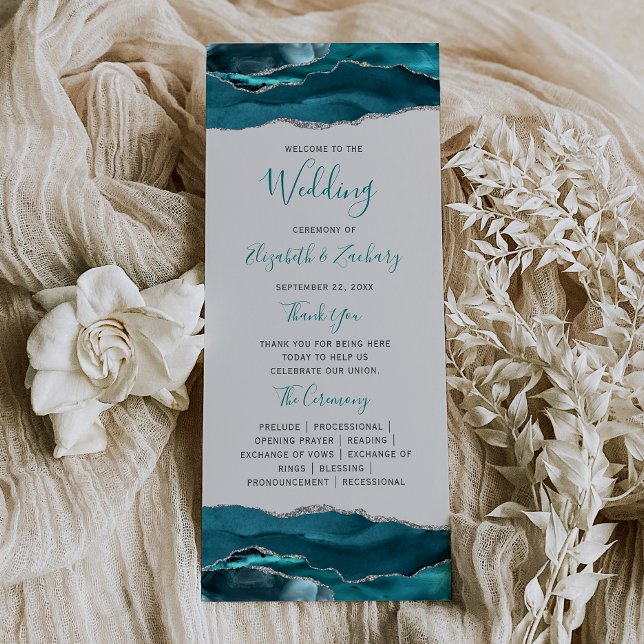 Teal Blue Silver Agate Grey Wedding Program (Creator Uploaded)