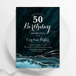 Teal Blue Silver Agate Marble 50th Birthday Invitation<br><div class="desc">Teal blue and silver agate 50th birthday party invitation. Elegant modern design featuring turquoise watercolor agate marble geode background,  faux glitter silver and typography script font. Trendy invite card perfect for a stylish women's bday celebration. Printed Zazzle invitations or instant download digital printable template.</div>