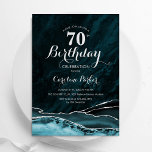 Teal Blue Silver Agate Marble 70th Birthday Invitation<br><div class="desc">Teal blue and gold agate 70th birthday party invitation. Elegant modern design featuring turquoise teal blue watercolor agate marble geode background,  faux glitter silver and typography script font. Trendy invite card perfect for a stylish women's bday celebration. Printed Zazzle invitations or instant download digital printable template.</div>
