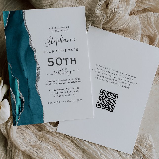 Teal Blue Silver Agate QR Code 50th Birthday Invitation (Creator Uploaded)