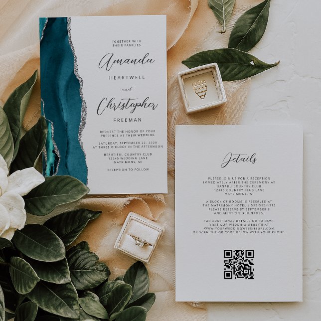 Teal Blue Silver Agate QR Code Wedding Invitation (Creator Uploaded)