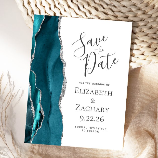 Teal Blue Silver Agate Save the Date Announcement Postcard (Creator Uploaded)