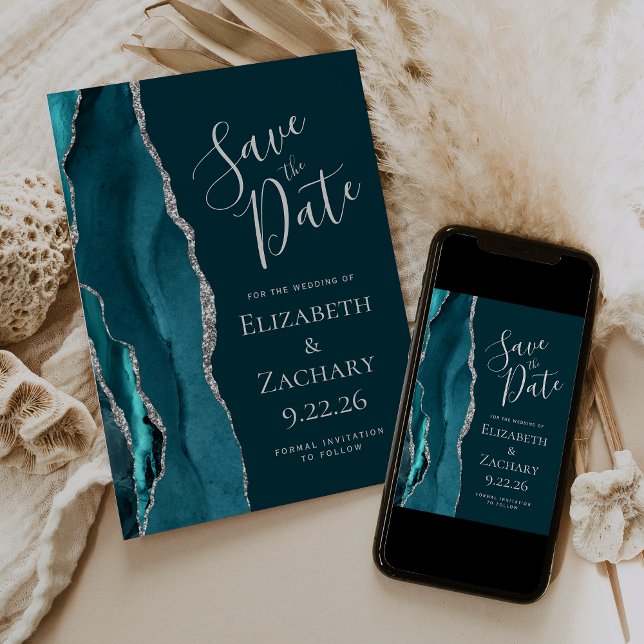 Teal Blue Silver Agate Save the Date Card (Creator Uploaded)