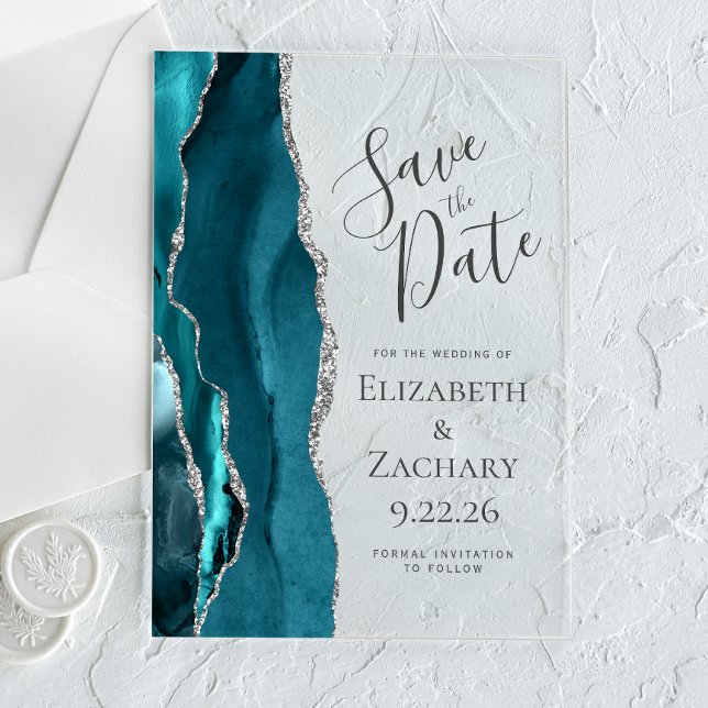 Teal Blue Silver Agate Save the Date Card Acrylic Invitations (Creator Uploaded)