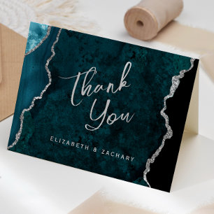 Teal Blue Silver Agate Script Wedding Thank You Card