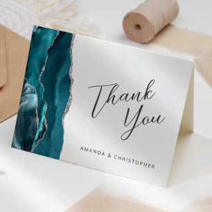 Teal Blue Silver Agate Script Wedding Thank You Card