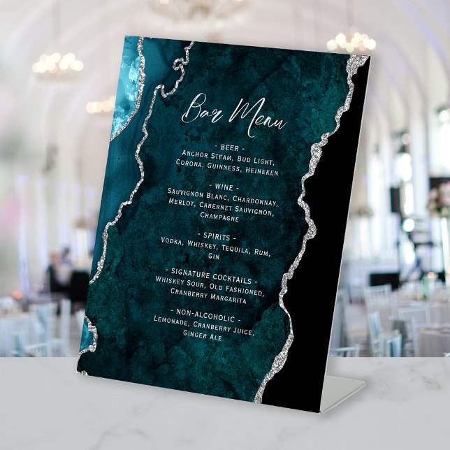 Teal Blue Silver Agate Wedding Bar Menu Pedestal Sign (Creator Uploaded)