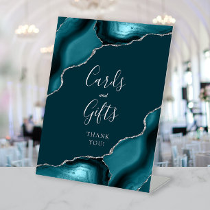 Teal Blue Silver Agate Wedding Cards and Gifts Pedestal Sign