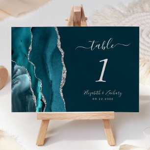 Teal Blue Silver Agate Wedding Table Number