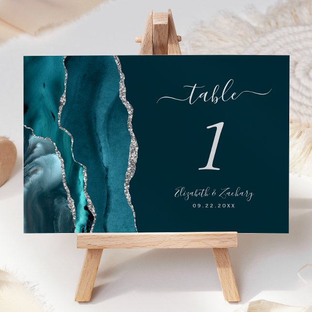 Teal Blue Silver Agate Wedding Table Number (Creator Uploaded)