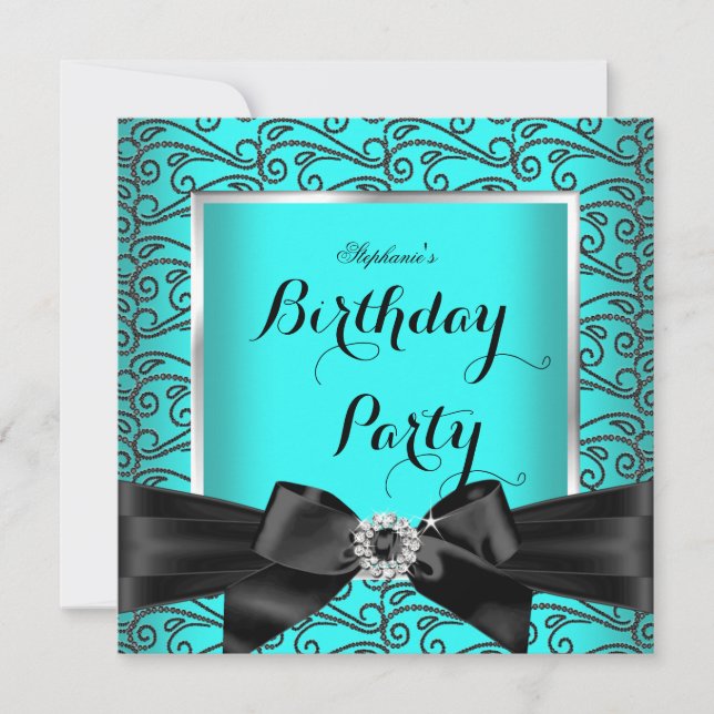 Teal Blue Silver Black Diamonds Birthday Party Invitation (Front)