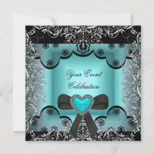 Teal Blue Silver Black Lace Elegant Party Invitation