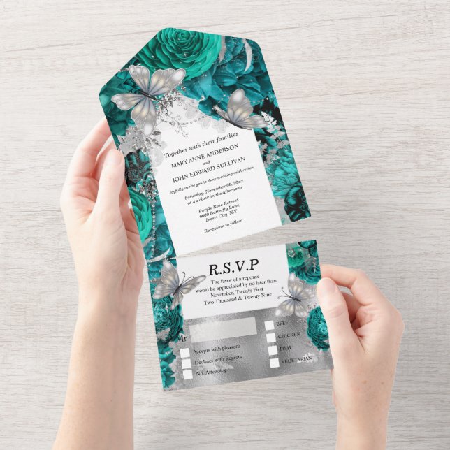 Teal blue silver butterfly shimmer glitter rose   all in one invitation (Tearaway)