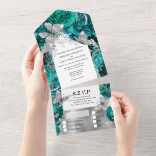 Teal blue silver butterfly shimmer glitter rose   all in one invitation