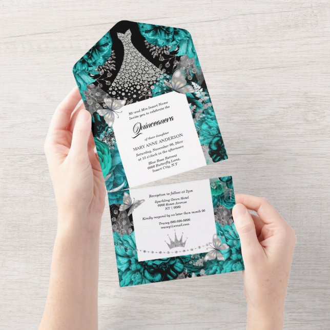 Teal blue silver butterfly sparkling gown birthday all in one invitation (Tearaway)