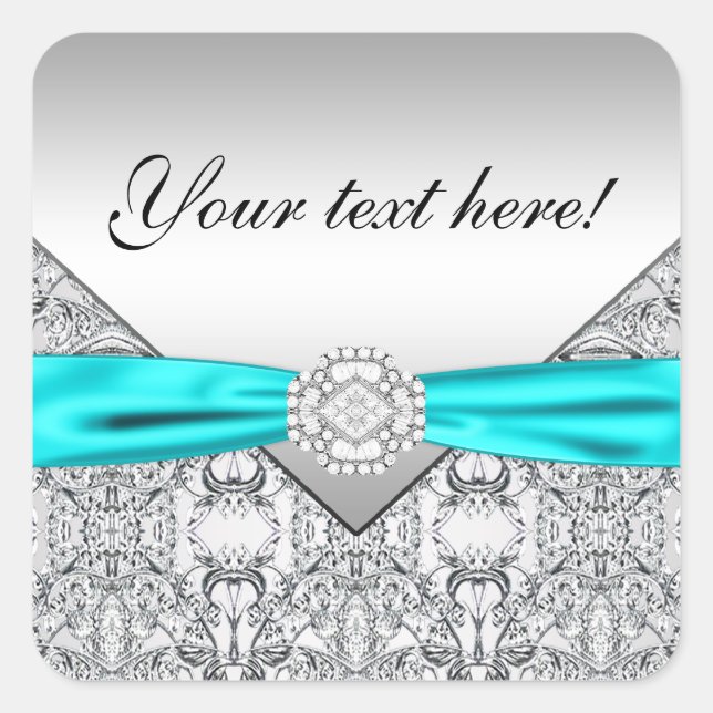 Teal Blue Silver Diamond Square Sticker (Front)