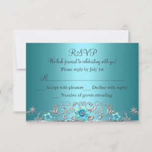 Teal Blue Silver Floral Swirl RSVP Card