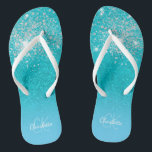 Teal blue silver glitter aqua sea green monogram flip flops<br><div class="desc">A teal,  blue sea,  ocean green glitter gradient background. Decorated with faux silver glitter drops. Personalize and add a name and monogram letters. A modern hand lettered style script,  white and blue letters</div>