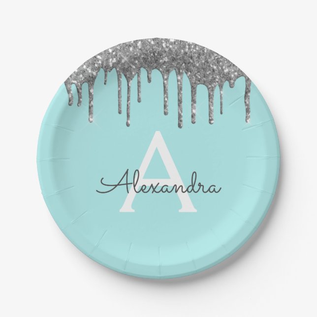 Teal Blue Silver Glitter Monogram Birthday Paper Plate (Front)