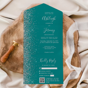 Teal Blue Silver Glitter QR Code Wedding All In One Invitation