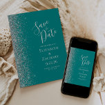 Teal Blue Silver Glitter Save the Date Announcement<br><div class="desc">The left-hand edge of this elegant modern wedding save the date card features a silver faux glitter border. The customizable text combines silver grey handwriting,  copperplate and italic fonts on a teal blue background. The reverse side features a matching teal and silver design.</div>