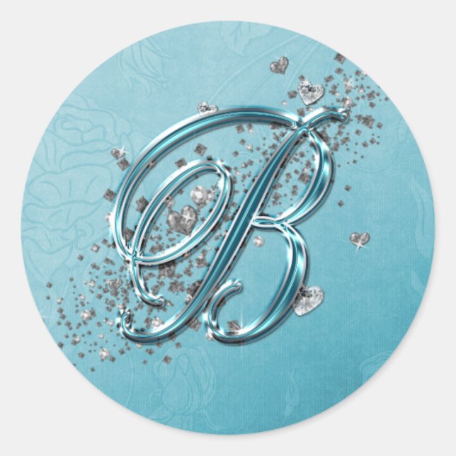 Teal Blue Silver Glitter Script Text Monogram B Classic Round Sticker (Front)