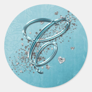 Teal Blue Silver Glitter Script Text Monogram C Classic Round Sticker