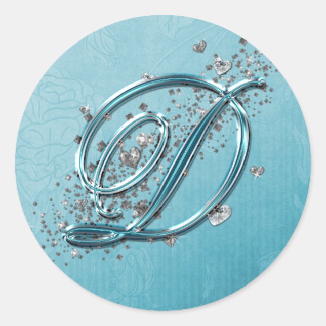 Teal Blue Silver Glitter Script Text Monogram D Classic Round Sticker (Front)