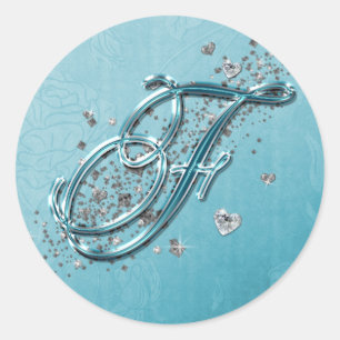 Teal Blue Silver Glitter Script Text Monogram F Classic Round Sticker