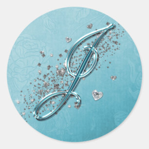 Teal Blue Silver Glitter Script Text Monogram J Classic Round Sticker