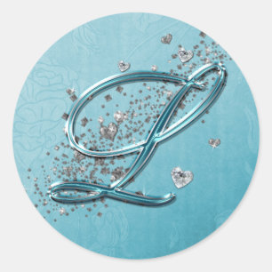 Teal Blue Silver Glitter Script Text Monogram L Classic Round Sticker