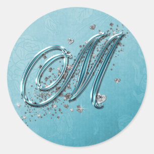 Teal Blue Silver Glitter Script Text Monogram M Classic Round Sticker