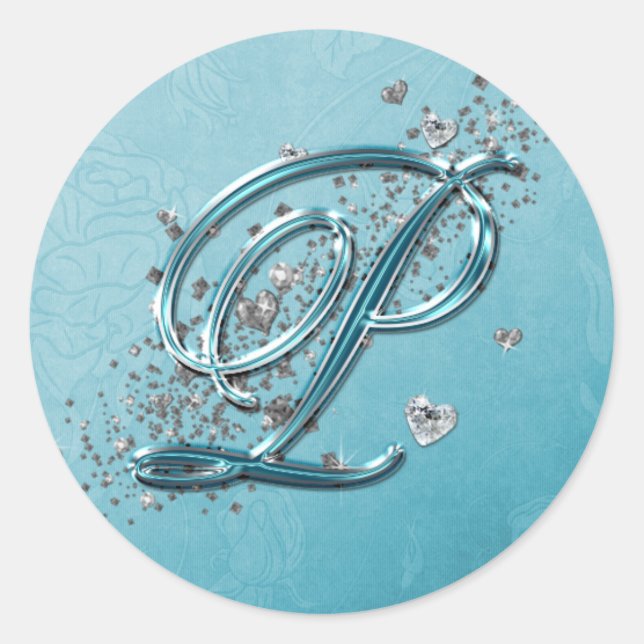 Teal Blue Silver Glitter Script Text Monogram P Classic Round Sticker (Front)