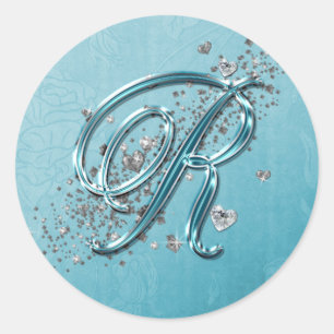 Teal Blue Silver Glitter Script Text Monogram R Classic Round Sticker