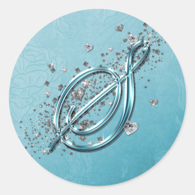 Teal Blue Silver Glitter Script Text Monogram S Classic Round Sticker (Front)