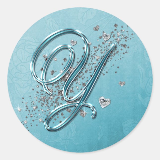 Teal Blue Silver Glitter Script Text Monogram Y Classic Round Sticker (Front)