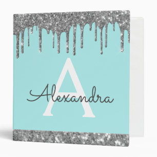 Teal Blue Silver Glitter & Sparkle Monogram Binder