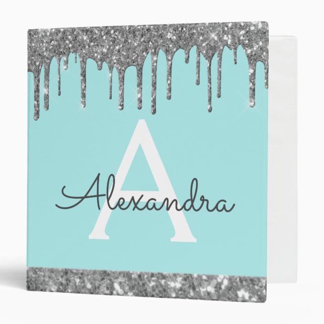 Teal Blue Silver Glitter & Sparkle Monogram Binder (Front/Inside)