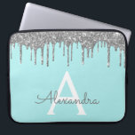 Teal Blue Silver Glitter Sparkle Monogram Laptop Sleeve<br><div class="desc">Teal Blue - Aqua and Silver Faux Dripping Modern and Elegant Girly Glitter and Sparkle Elegant Monogram Case. This case can be customized to include your initial and first name.</div>