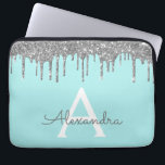 Teal Blue Silver Glitter Sparkle Monogram Laptop Sleeve<br><div class="desc">Teal Blue - Aqua and Silver Faux Dripping Modern and Elegant Girly Glitter and Sparkle Elegant Monogram Case. This case can be customized to include your initial and first name.</div>
