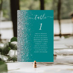 Teal Blue Silver Glitter Wedding Table Number<br><div class="desc">The left-hand edge of this elegant modern wedding table number card features a silver faux glitter border. The word "table" appears in silver grey whimsical handwriting script on a teal blue background. Add the names of your guests who are assigned to each table.</div>